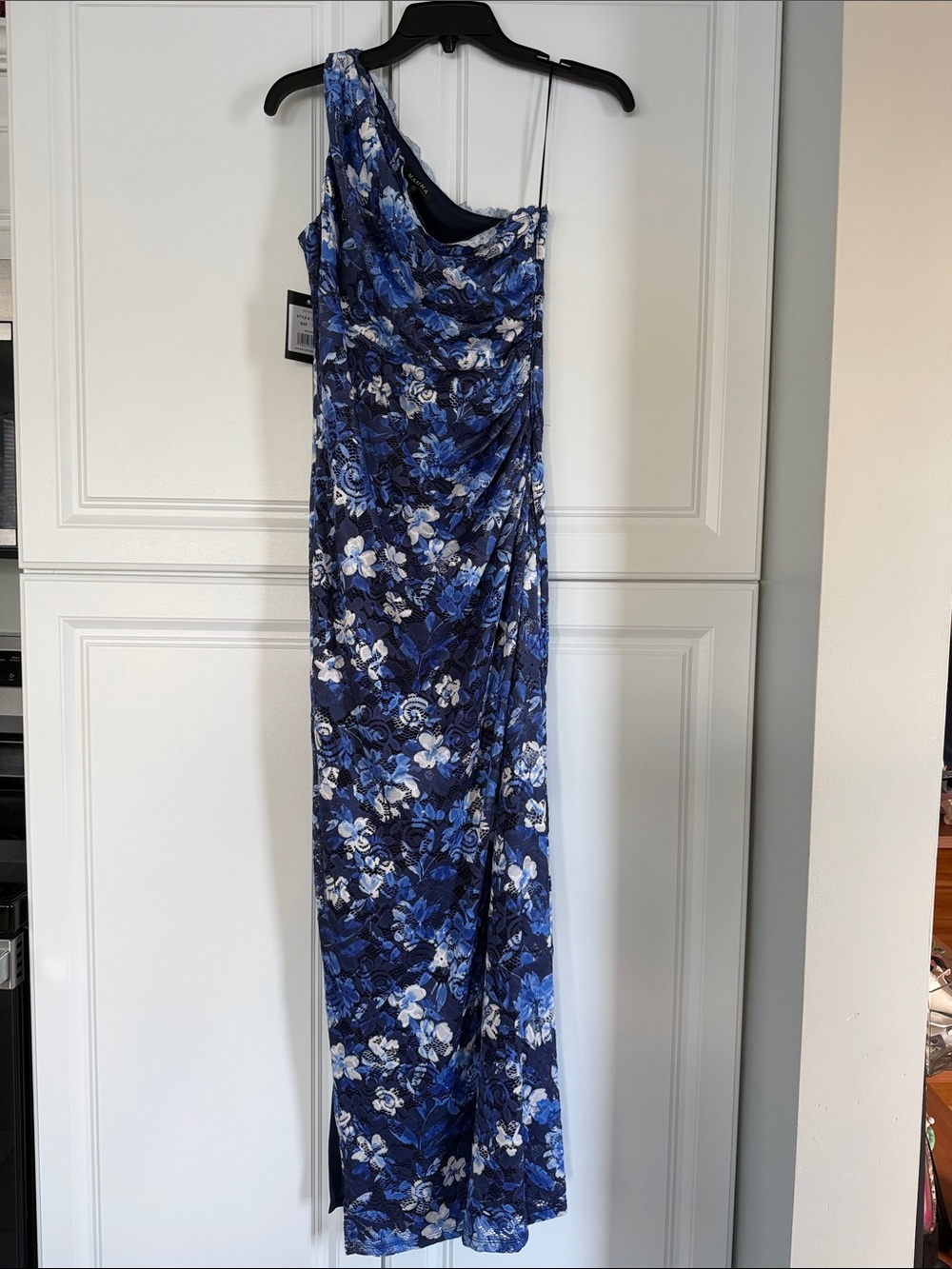 MARINA One-Shoulder Navy and Blue Floral Gown
